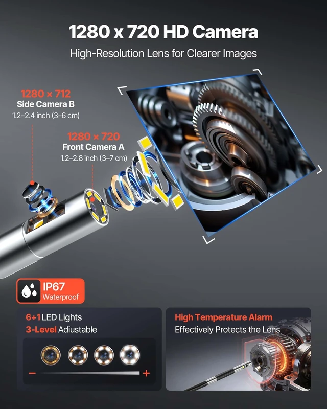 Alt view image 5 of 8 - VEVOR 2-Way Dual-Lens Articulating Endoscope with Light, 1080P HD Industrial Borescope Inspection Camera with 0.24-inch Slim Articulated Probe, Rigid Snake Scope Cam for Wall Automotive Inspect-4.9FT