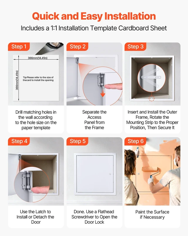 Alt view image 6 of 8 - VEVOR Access Panel for Drywall, 15.2 x 15.2 in Galvanized Steel Access Door, Easy Install Hinged Service Panel with Screwdriver Latch, for Ceiling Plumbing Electrical, 14.4 x 14.4 in Cutout Size White