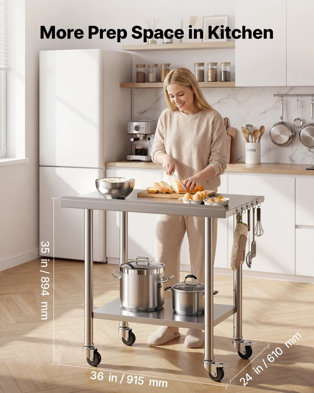 Alt view image 2 of 8 - VEVOR Stainless Steel Work Table, 24x36 inch Food Prep Table with Wheels and Backsplash, Commercial Kitchen Workstation with Adjustable Undershelf, Metal Utility Worktable, for Restaurant Home Outdoor