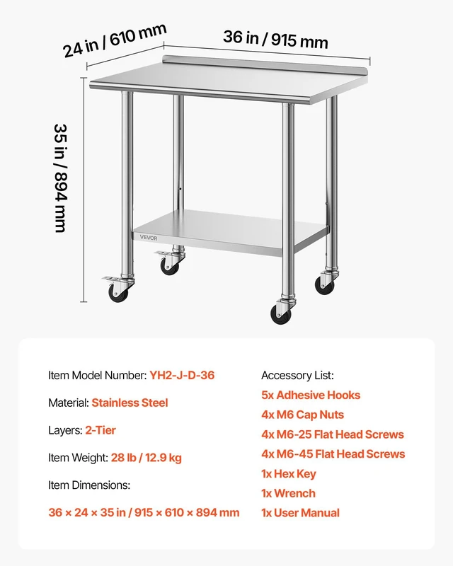 Alt view image 7 of 8 - VEVOR Stainless Steel Work Table, 24x36 inch Food Prep Table with Wheels and Backsplash, Commercial Kitchen Workstation with Adjustable Undershelf, Metal Utility Worktable, for Restaurant Home Outdoor