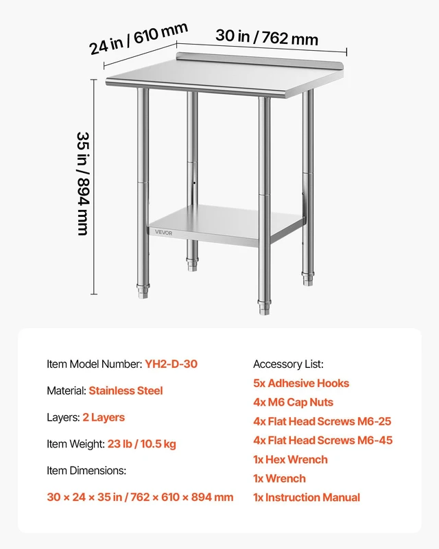 Alt view image 7 of 8 - VEVOR Stainless Steel Work Table, 24x30 Inch Food Prep Table with Backsplash, Commercial Kitchen Workstation with Adjustable Undershelf, Metal Heavy Duty Utility Worktable, for Restaurant Home Outdoor