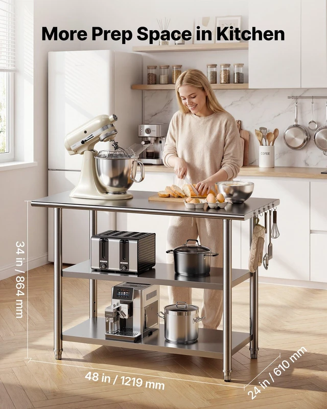 Alt view image 2 of 8 - VEVOR Stainless Steel Work Table, 24x48 Inch Food Prep Table with 2 Shelves, Commercial Kitchen Workstation, Metal Heavy Duty Utility Worktable, for Restaurant Home Hotel Garage Outdoor
