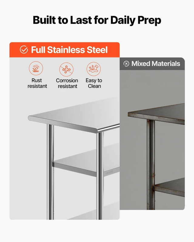 Alt view image 3 of 8 - VEVOR Stainless Steel Work Table, 24x48 Inch Food Prep Table with 2 Shelves, Commercial Kitchen Workstation, Metal Heavy Duty Utility Worktable, for Restaurant Home Hotel Garage Outdoor
