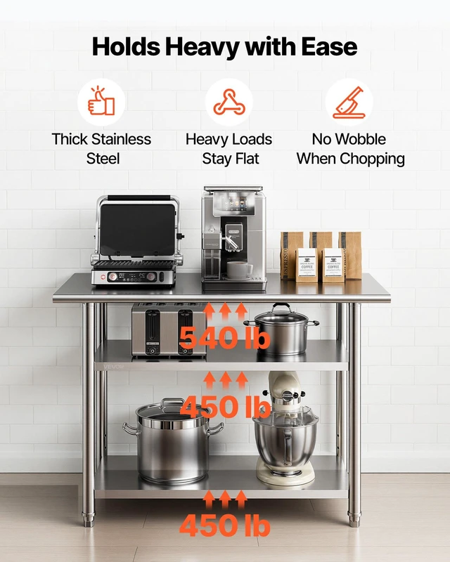 Alt view image 4 of 8 - VEVOR Stainless Steel Work Table, 24x48 Inch Food Prep Table with 2 Shelves, Commercial Kitchen Workstation, Metal Heavy Duty Utility Worktable, for Restaurant Home Hotel Garage Outdoor
