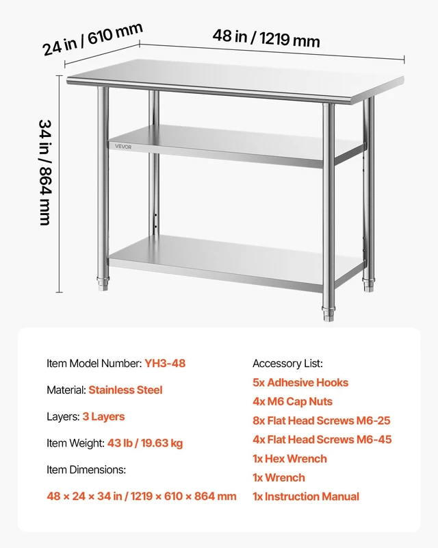 Alt view image 7 of 8 - VEVOR Stainless Steel Work Table, 24x48 Inch Food Prep Table with 2 Shelves, Commercial Kitchen Workstation, Metal Heavy Duty Utility Worktable, for Restaurant Home Hotel Garage Outdoor