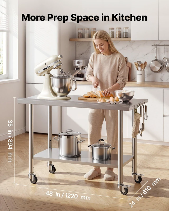 Alt view image 2 of 8 - VEVOR Stainless Steel Work Table, 24x48 inch Food Prep Table with Wheels, Commercial Kitchen Workstation with Adjustable Undershelf, Metal Heavy Duty Utility Worktable, for Restaurant Home Outdoor