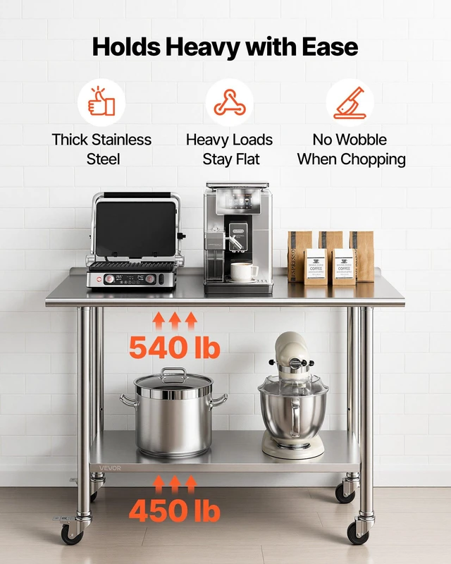 Alt view image 4 of 8 - VEVOR Stainless Steel Work Table, 24x48 inch Food Prep Table with Wheels, Commercial Kitchen Workstation with Adjustable Undershelf, Metal Heavy Duty Utility Worktable, for Restaurant Home Outdoor