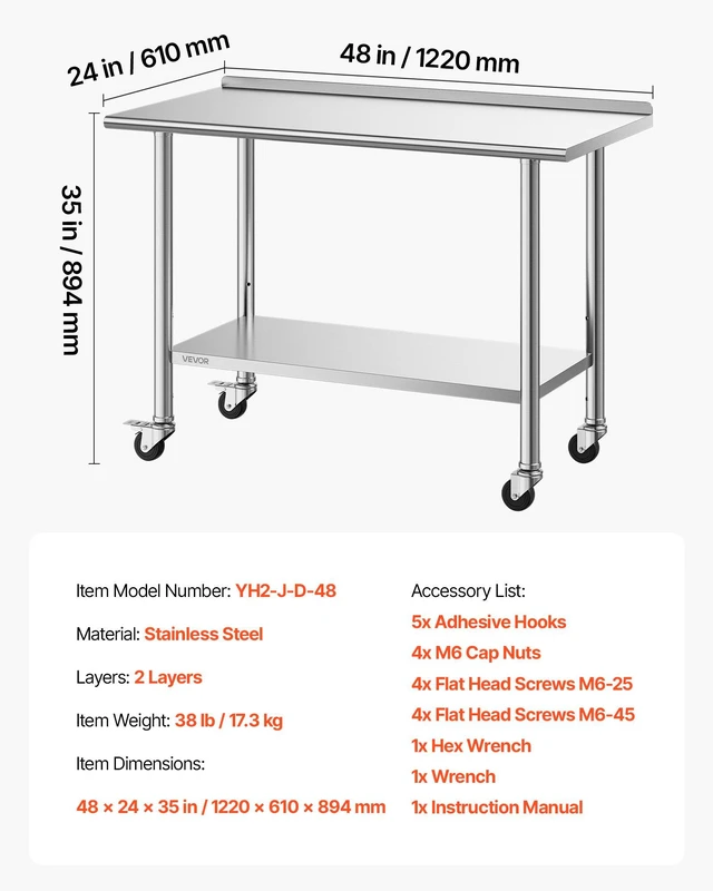 Alt view image 7 of 8 - VEVOR Stainless Steel Work Table, 24x48 inch Food Prep Table with Wheels, Commercial Kitchen Workstation with Adjustable Undershelf, Metal Heavy Duty Utility Worktable, for Restaurant Home Outdoor