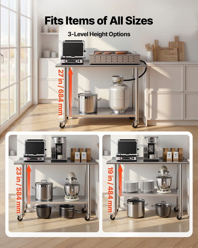 Alt view image 6 of 8 - VEVOR Stainless Steel Work Table, 24x48 inch Food Prep Table with Wheels, Commercial Kitchen Workstation with Adjustable Undershelf, Metal Heavy Duty Utility Worktable, for Restaurant Home Outdoor