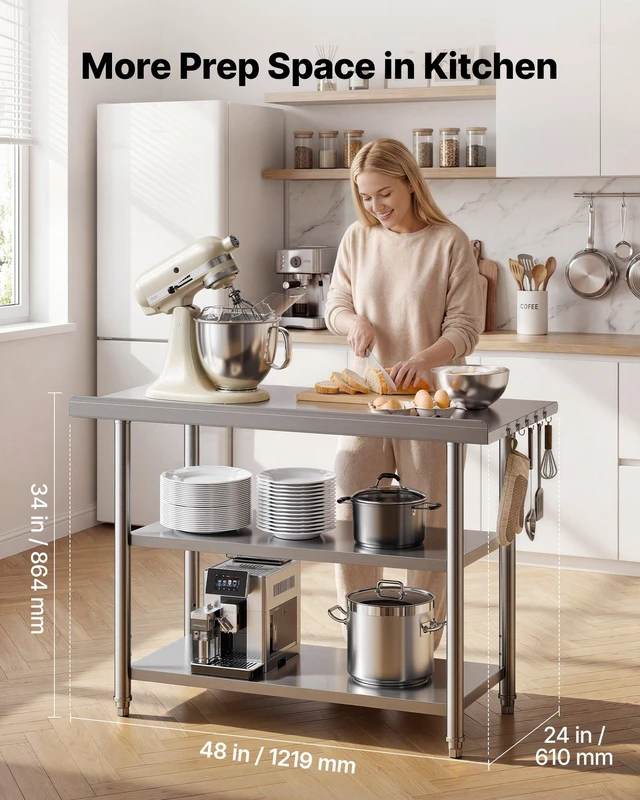 Alt view image 2 of 8 - VEVOR Stainless Steel Work Table, 24x48 Inch Food Prep Table with 2 Shelves and Backsplash, Commercial Kitchen Workstation, Metal Heavy Duty Utility Worktable, for Restaurant Home Hotel Garage Outdoor