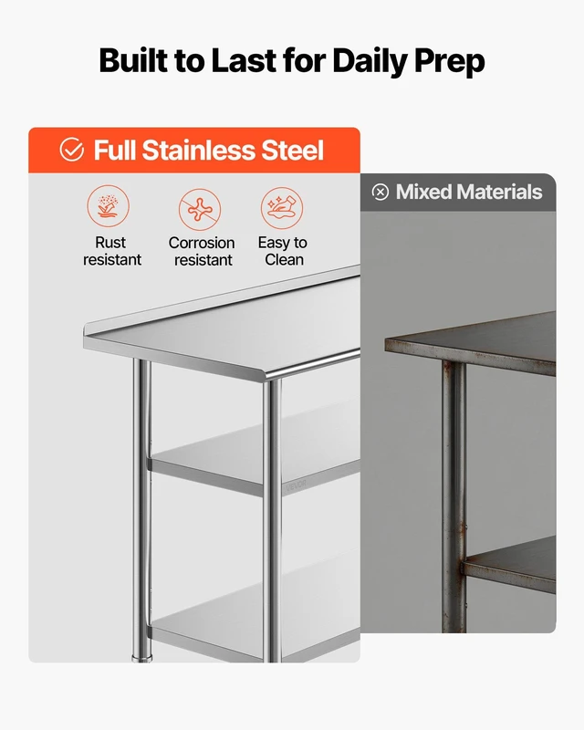 Alt view image 3 of 8 - VEVOR Stainless Steel Work Table, 24x48 Inch Food Prep Table with 2 Shelves and Backsplash, Commercial Kitchen Workstation, Metal Heavy Duty Utility Worktable, for Restaurant Home Hotel Garage Outdoor