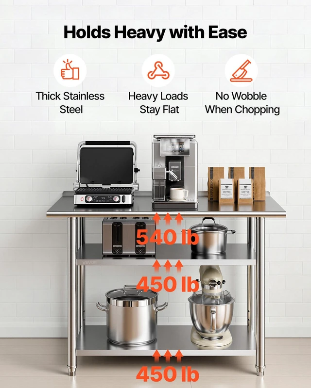 Alt view image 4 of 8 - VEVOR Stainless Steel Work Table, 24x48 Inch Food Prep Table with 2 Shelves and Backsplash, Commercial Kitchen Workstation, Metal Heavy Duty Utility Worktable, for Restaurant Home Hotel Garage Outdoor