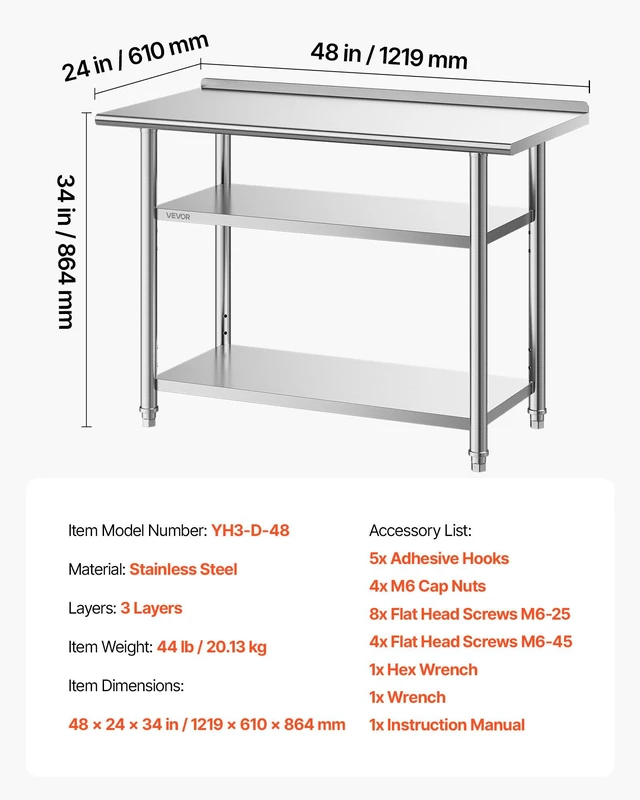 Alt view image 7 of 8 - VEVOR Stainless Steel Work Table, 24x48 Inch Food Prep Table with 2 Shelves and Backsplash, Commercial Kitchen Workstation, Metal Heavy Duty Utility Worktable, for Restaurant Home Hotel Garage Outdoor