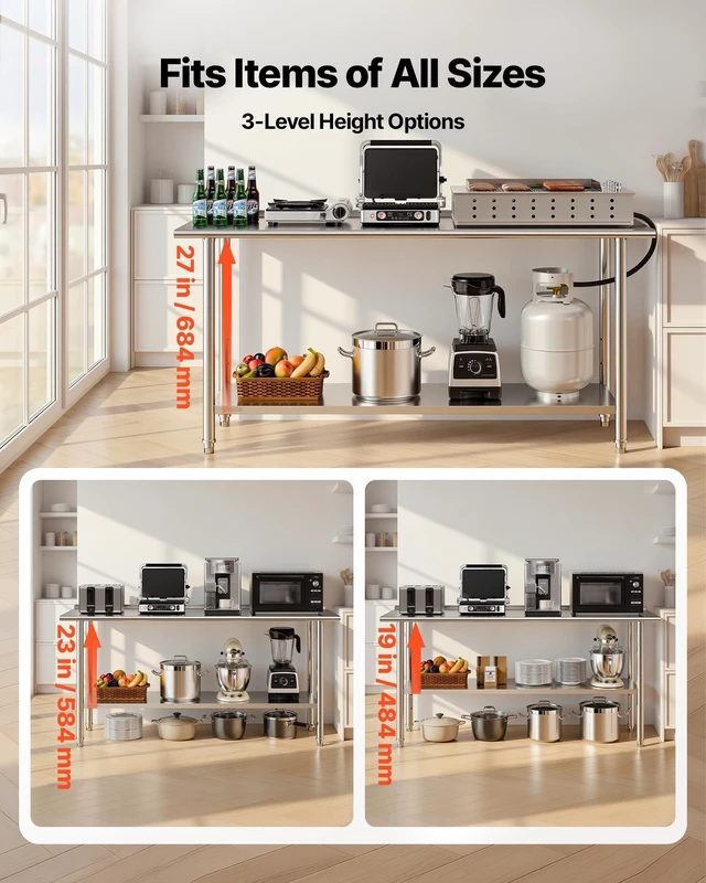 Alt view image 6 of 8 - VEVOR Stainless Steel Work Table, 24x72 Inch Food Prep Table with Backsplash, Commercial Kitchen Workstation with Adjustable Undershelf, Metal Heavy Duty Utility Worktable, for Restaurant Home Outdoor