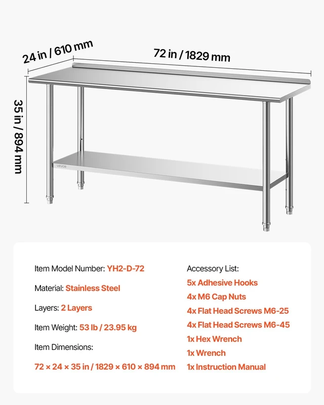 Alt view image 7 of 8 - VEVOR Stainless Steel Work Table, 24x72 Inch Food Prep Table with Backsplash, Commercial Kitchen Workstation with Adjustable Undershelf, Metal Heavy Duty Utility Worktable, for Restaurant Home Outdoor