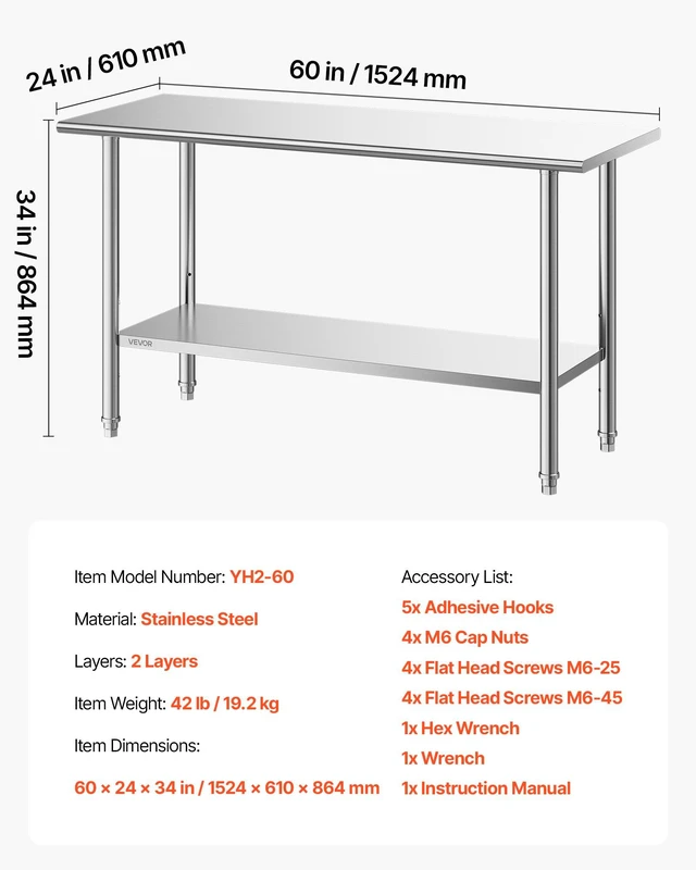 Alt view image 7 of 8 - VEVOR Stainless Steel Work Table, 24x60 Inch Food Prep Table, Commercial Kitchen Workstation with Adjustable Undershelf, Metal Heavy Duty Utility Worktable, for Restaurant Home Hotel Garage Outdoor