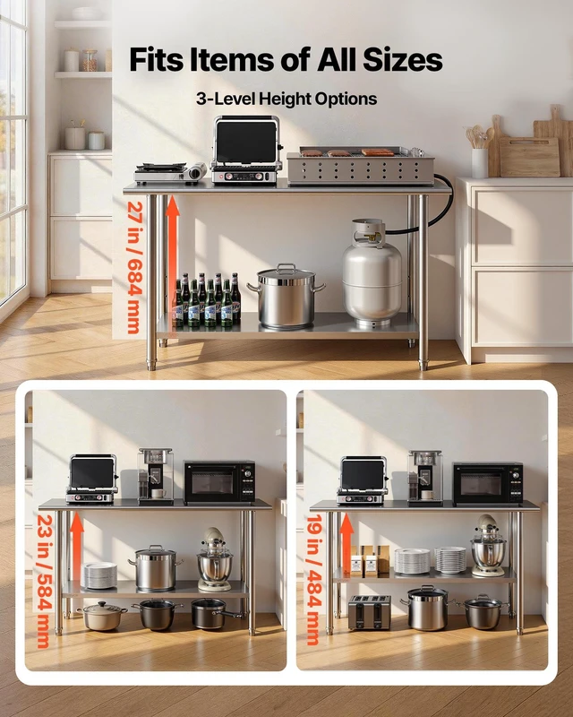 Alt view image 6 of 8 - VEVOR Stainless Steel Work Table, 24x60 Inch Food Prep Table, Commercial Kitchen Workstation with Adjustable Undershelf, Metal Heavy Duty Utility Worktable, for Restaurant Home Hotel Garage Outdoor