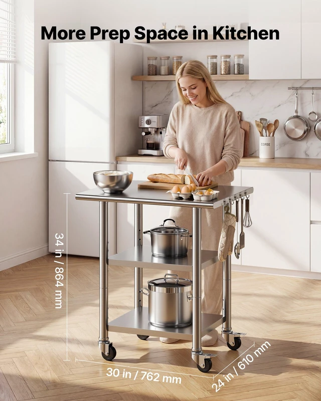 Alt view image 2 of 8 - VEVOR Stainless Steel Work Table, 24x30 Inch Food Prep Table with 2 Shelves and Wheels, Commercial Kitchen Workstation, Metal Heavy Duty Utility Worktable, for Restaurant Home Hotel Garage Outdoor