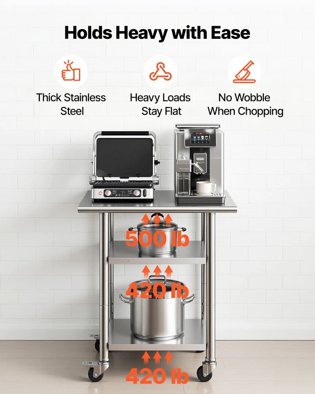Alt view image 4 of 8 - VEVOR Stainless Steel Work Table, 24x30 Inch Food Prep Table with 2 Shelves and Wheels, Commercial Kitchen Workstation, Metal Heavy Duty Utility Worktable, for Restaurant Home Hotel Garage Outdoor