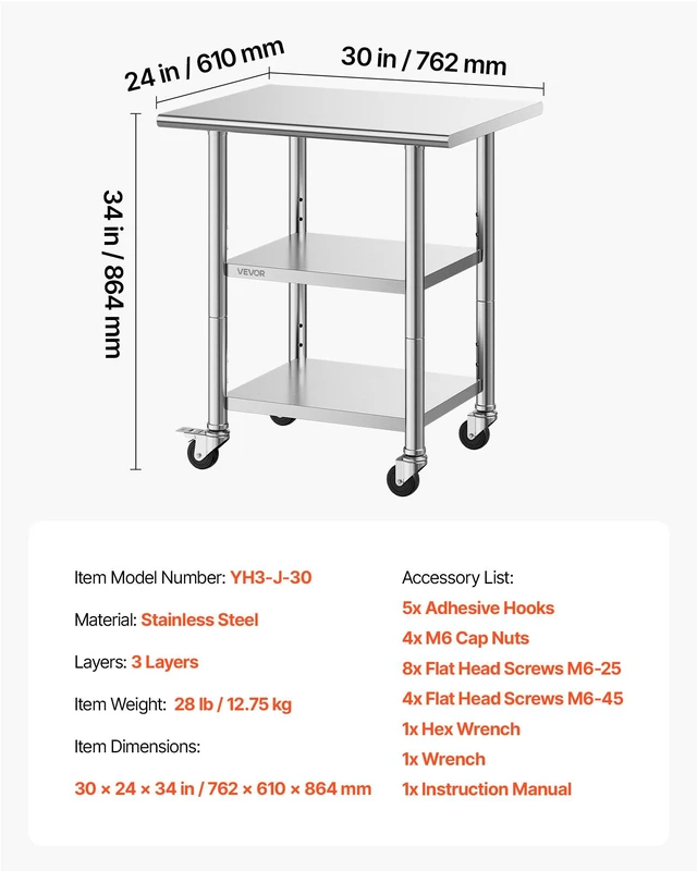 Alt view image 7 of 8 - VEVOR Stainless Steel Work Table, 24x30 Inch Food Prep Table with 2 Shelves and Wheels, Commercial Kitchen Workstation, Metal Heavy Duty Utility Worktable, for Restaurant Home Hotel Garage Outdoor