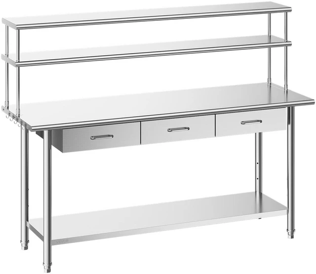 Main image of VEVOR Stainless Steel Work Table, 24x72 Inch Food Prep Table with Overshelves and 3 Drawers, Commercial Kitchen Workstation with Adjustable Undershelf, Metal Utility Worktable, for Restaurant Garage