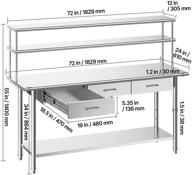 Alt view image 3 of 8 - VEVOR Stainless Steel Work Table, 24x72 Inch Food Prep Table with Overshelves and 3 Drawers, Commercial Kitchen Workstation with Adjustable Undershelf, Metal Utility Worktable, for Restaurant Garage
