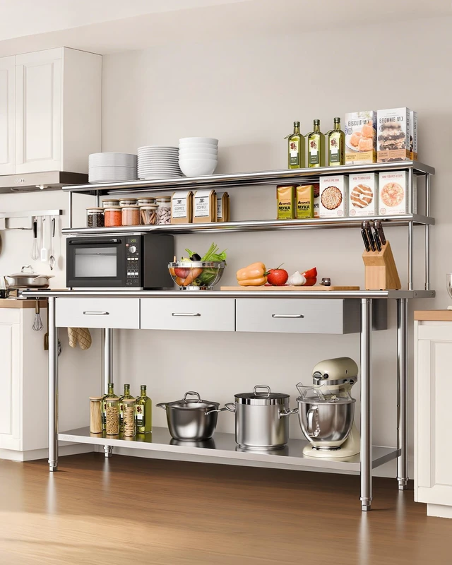 Alt view image 2 of 8 - VEVOR Stainless Steel Work Table, 24x72 Inch Food Prep Table with Overshelves and 3 Drawers, Commercial Kitchen Workstation with Adjustable Undershelf, Metal Utility Worktable, for Restaurant Garage