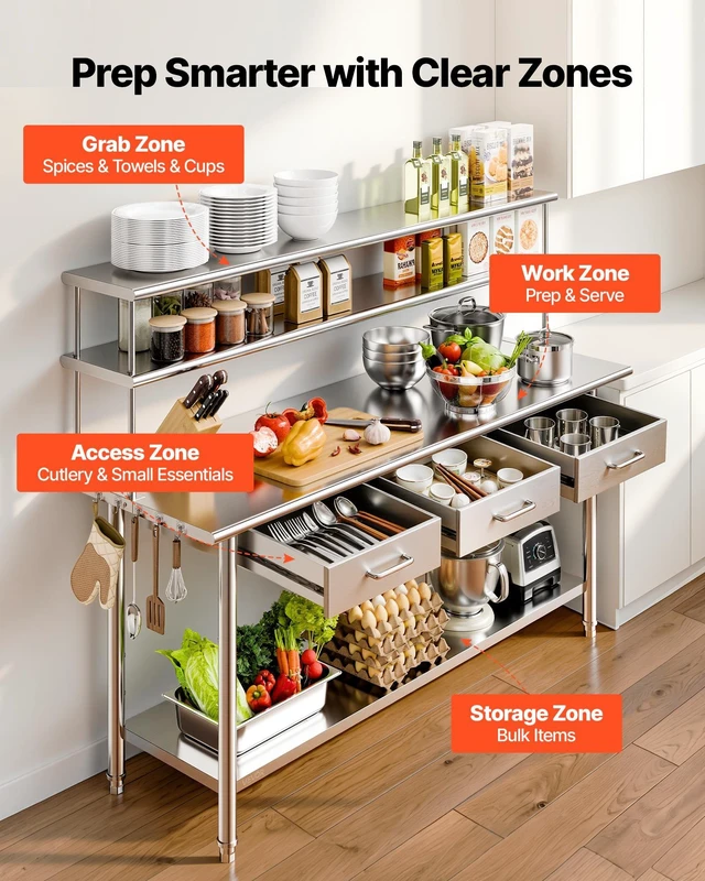 Alt view image 5 of 8 - VEVOR Stainless Steel Work Table, 24x72 Inch Food Prep Table with Overshelves and 3 Drawers, Commercial Kitchen Workstation with Adjustable Undershelf, Metal Utility Worktable, for Restaurant Garage