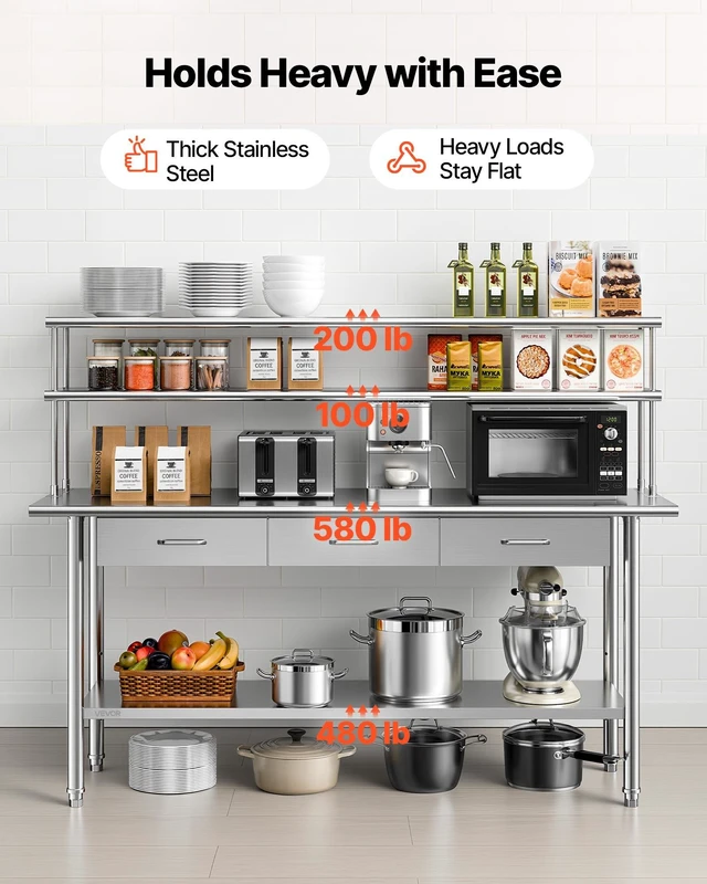 Alt view image 6 of 8 - VEVOR Stainless Steel Work Table, 24x72 Inch Food Prep Table with Overshelves and 3 Drawers, Commercial Kitchen Workstation with Adjustable Undershelf, Metal Utility Worktable, for Restaurant Garage