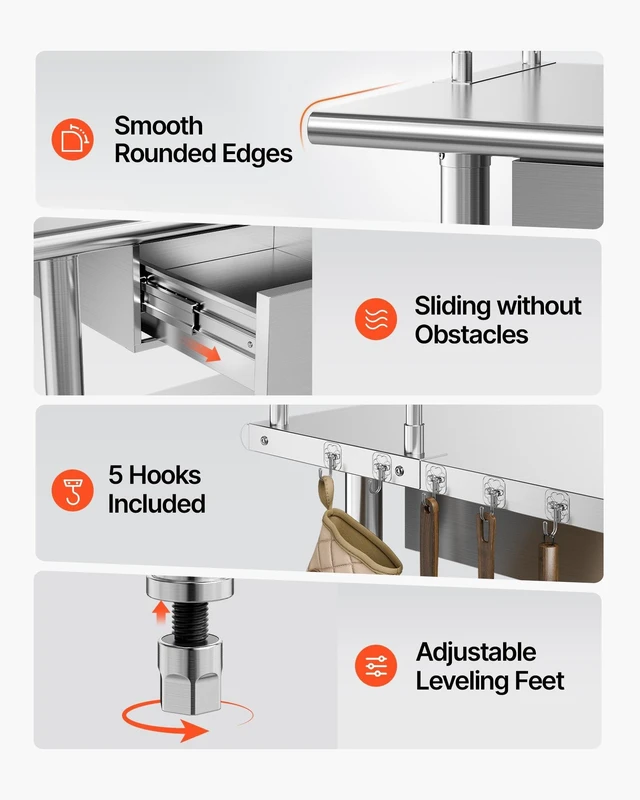 Alt view image 7 of 8 - VEVOR Stainless Steel Work Table, 24x72 Inch Food Prep Table with Overshelves and 3 Drawers, Commercial Kitchen Workstation with Adjustable Undershelf, Metal Utility Worktable, for Restaurant Garage