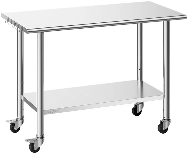 Main image of VEVOR Stainless Steel Work Table, 24x48 inch Food Prep Table with Wheels, Commercial Kitchen Workstation with Adjustable Undershelf, Metal Utility Worktable, for Restaurant Home Outdoor