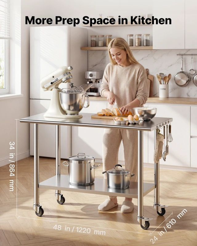 Alt view image 2 of 8 - VEVOR Stainless Steel Work Table, 24x48 inch Food Prep Table with Wheels, Commercial Kitchen Workstation with Adjustable Undershelf, Metal Utility Worktable, for Restaurant Home Outdoor