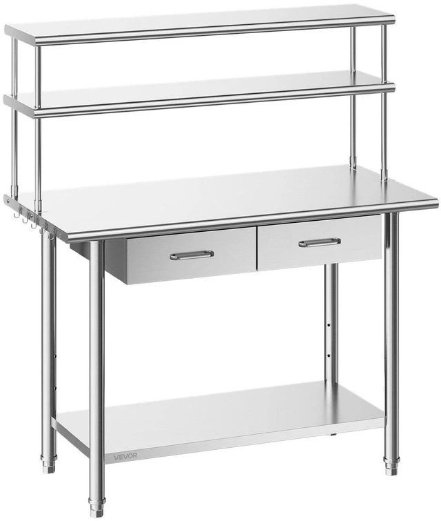Main image of VEVOR Stainless Steel Work Table, 24x48 Inch Food Prep Table with Overshelves and 2 Drawers, Commercial Kitchen Workstation with Adjustable Undershelf, Metal Utility Worktable, for Restaurant Garage