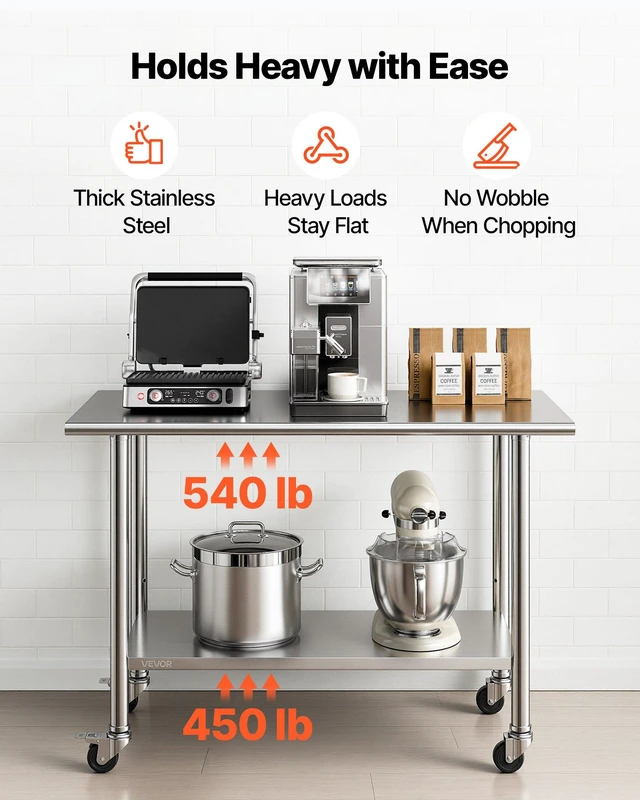 Alt view image 4 of 8 - VEVOR Stainless Steel Work Table, 24x48 inch Food Prep Table with Wheels, Commercial Kitchen Workstation with Adjustable Undershelf, Metal Utility Worktable, for Restaurant Home Outdoor