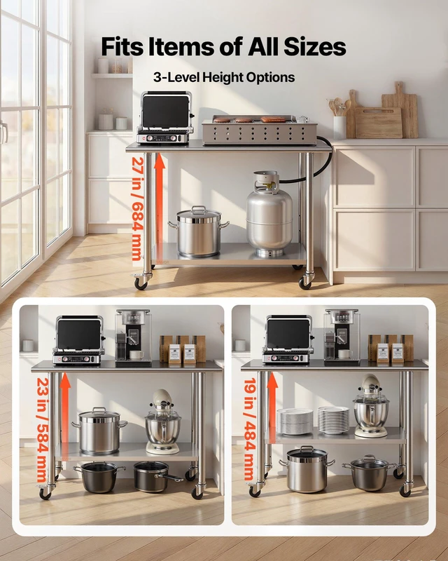 Alt view image 6 of 8 - VEVOR Stainless Steel Work Table, 24x48 inch Food Prep Table with Wheels, Commercial Kitchen Workstation with Adjustable Undershelf, Metal Utility Worktable, for Restaurant Home Outdoor