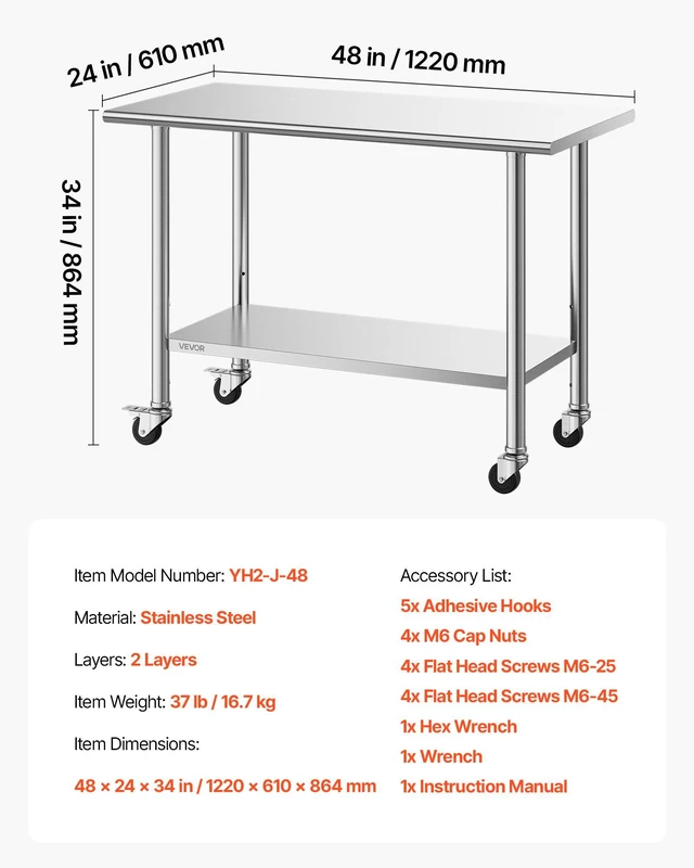 Alt view image 7 of 8 - VEVOR Stainless Steel Work Table, 24x48 inch Food Prep Table with Wheels, Commercial Kitchen Workstation with Adjustable Undershelf, Metal Utility Worktable, for Restaurant Home Outdoor