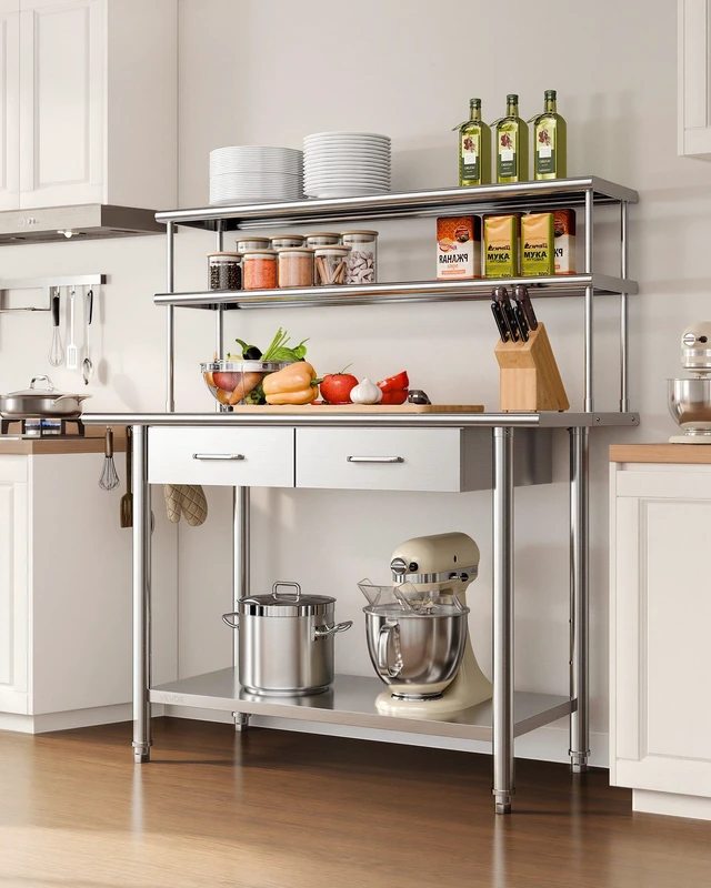Alt view image 2 of 8 - VEVOR Stainless Steel Work Table, 24x48 Inch Food Prep Table with Overshelves and 2 Drawers, Commercial Kitchen Workstation with Adjustable Undershelf, Metal Utility Worktable, for Restaurant Garage