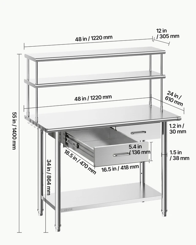 Alt view image 3 of 8 - VEVOR Stainless Steel Work Table, 24x48 Inch Food Prep Table with Overshelves and 2 Drawers, Commercial Kitchen Workstation with Adjustable Undershelf, Metal Utility Worktable, for Restaurant Garage