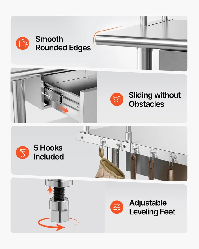 Alt view image 7 of 8 - VEVOR Stainless Steel Work Table, 24x48 Inch Food Prep Table with Overshelves and 2 Drawers, Commercial Kitchen Workstation with Adjustable Undershelf, Metal Utility Worktable, for Restaurant Garage