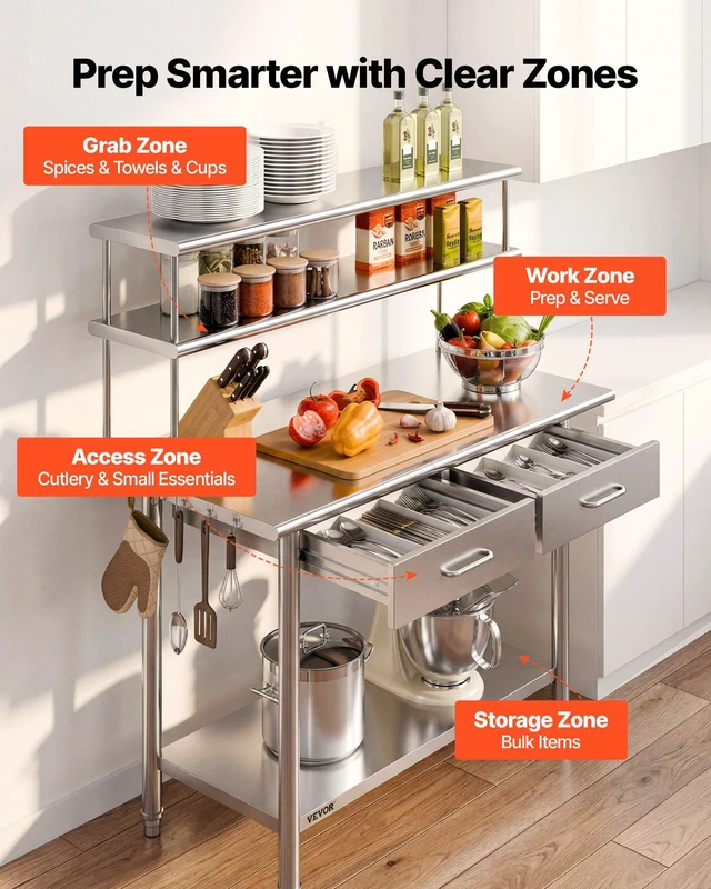 Alt view image 5 of 8 - VEVOR Stainless Steel Work Table, 24x48 Inch Food Prep Table with Overshelves and 2 Drawers, Commercial Kitchen Workstation with Adjustable Undershelf, Metal Utility Worktable, for Restaurant Garage