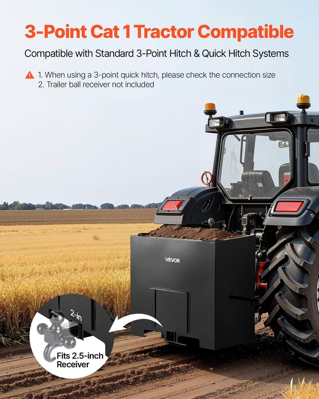 Alt view image 2 of 8 - VEVOR Ballast Box, 3-Point Category 1 Tractor Ballast of 800 lbs Capacity, with Standard 2 Inch Hitch Receiver, Heavy-Duty Steel 5 ft³ Large Volume Durable Loader Attachment with Sliding Door, Black