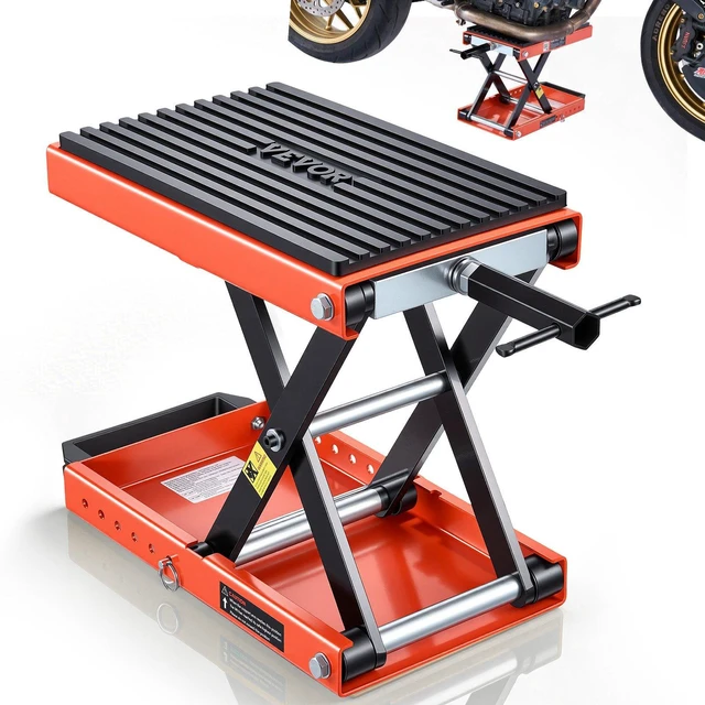 Main image of VEVOR Motorcycle Lift, 1500 lbs Motorcycle Scissor Lift Jack with Wide Deck & Lock Pin, 4.13"-13.77" Center Hoist Crank Stand, Steel Scissor Jack for Street Bikes, Cruiser Bikes, Touring Motorcycles