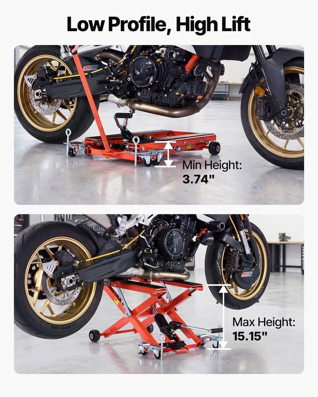 Alt view image 3 of 8 - VEVOR Hydraulic Motorcycle Lift Jack, 1100 lbs Capacity, Scissor Lift Jack Portable Motorcycle Hoist Stand with 6 Wheels, 4.72"-15.15" Height Range, Hydraulic Foot-Operated Hoist Stand for Dirt Bikes