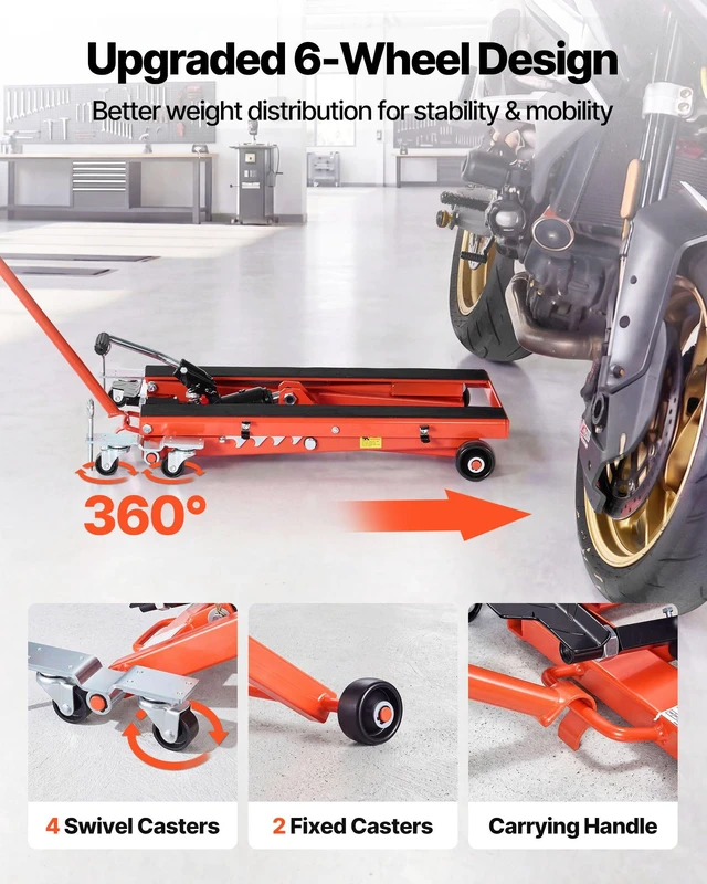 Alt view image 5 of 8 - VEVOR Hydraulic Motorcycle Lift Jack, 1100 lbs Capacity, Scissor Lift Jack Portable Motorcycle Hoist Stand with 6 Wheels, 4.72"-15.15" Height Range, Hydraulic Foot-Operated Hoist Stand for Dirt Bikes