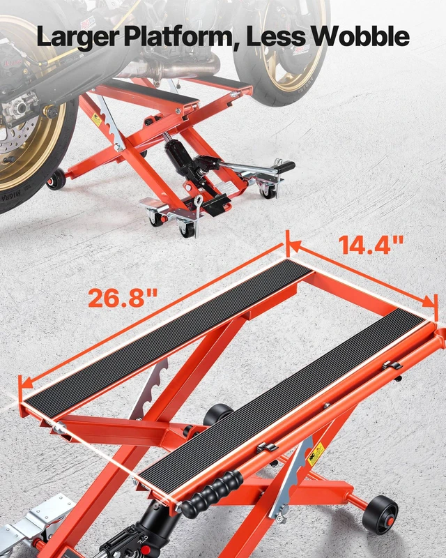 Alt view image 4 of 8 - VEVOR Hydraulic Motorcycle Lift Jack, 1100 lbs Capacity, Scissor Lift Jack Portable Motorcycle Hoist Stand with 6 Wheels, 4.72"-15.15" Height Range, Hydraulic Foot-Operated Hoist Stand for Dirt Bikes