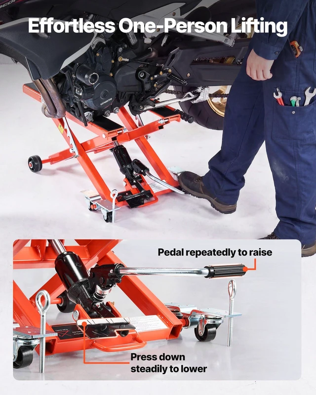 Alt view image 6 of 8 - VEVOR Hydraulic Motorcycle Lift Jack, 1100 lbs Capacity, Scissor Lift Jack Portable Motorcycle Hoist Stand with 6 Wheels, 4.72"-15.15" Height Range, Hydraulic Foot-Operated Hoist Stand for Dirt Bikes