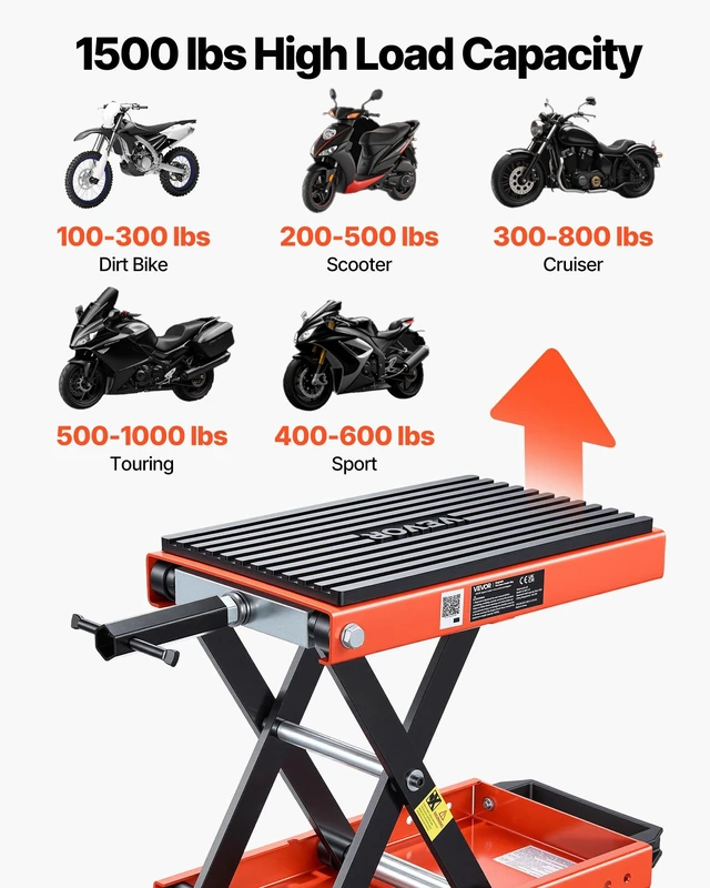 Alt view image 2 of 8 - VEVOR Motorcycle Lift, 1500 lbs Motorcycle Scissor Lift Jack with Wide Deck & Lock Pin, 4.13"-13.77" Center Hoist Crank Stand, Steel Scissor Jack for Street Bikes, Cruiser Bikes, Touring Motorcycles