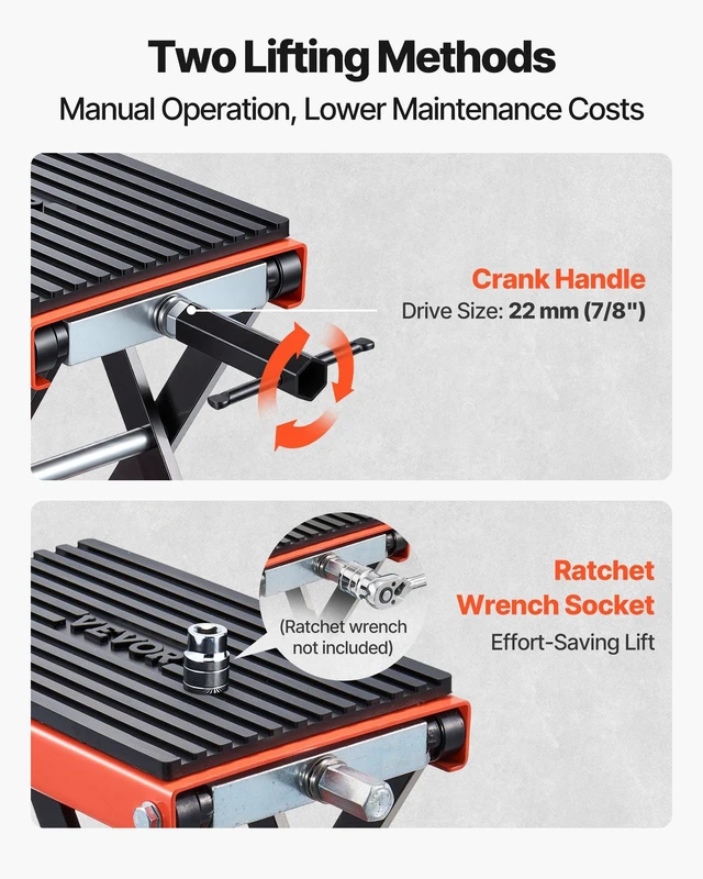 Alt view image 4 of 8 - VEVOR Motorcycle Lift, 1500 lbs Motorcycle Scissor Lift Jack with Wide Deck & Lock Pin, 4.13"-13.77" Center Hoist Crank Stand, Steel Scissor Jack for Street Bikes, Cruiser Bikes, Touring Motorcycles