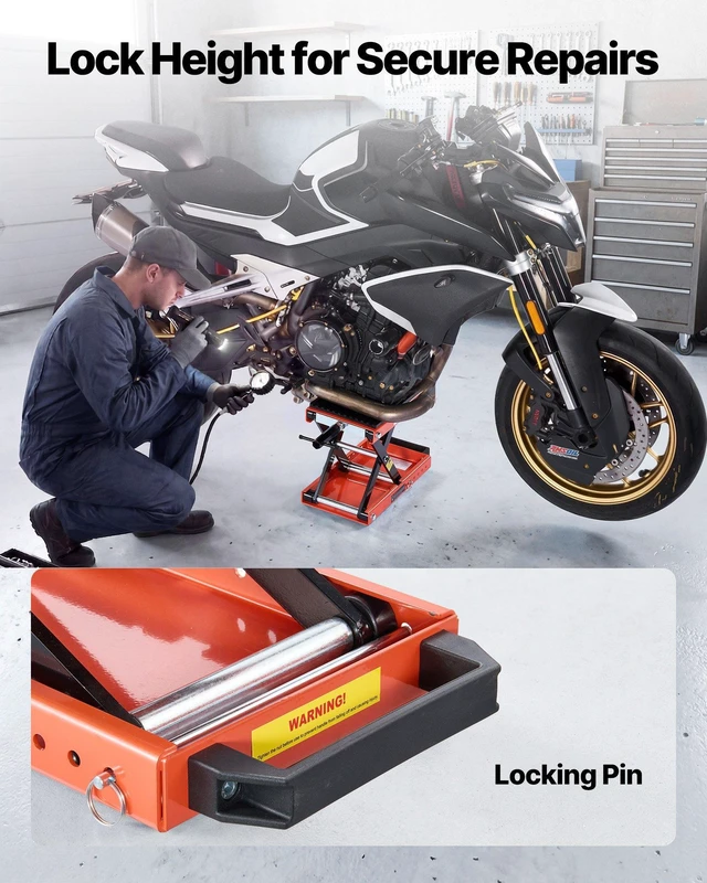 Alt view image 5 of 8 - VEVOR Motorcycle Lift, 1500 lbs Motorcycle Scissor Lift Jack with Wide Deck & Lock Pin, 4.13"-13.77" Center Hoist Crank Stand, Steel Scissor Jack for Street Bikes, Cruiser Bikes, Touring Motorcycles