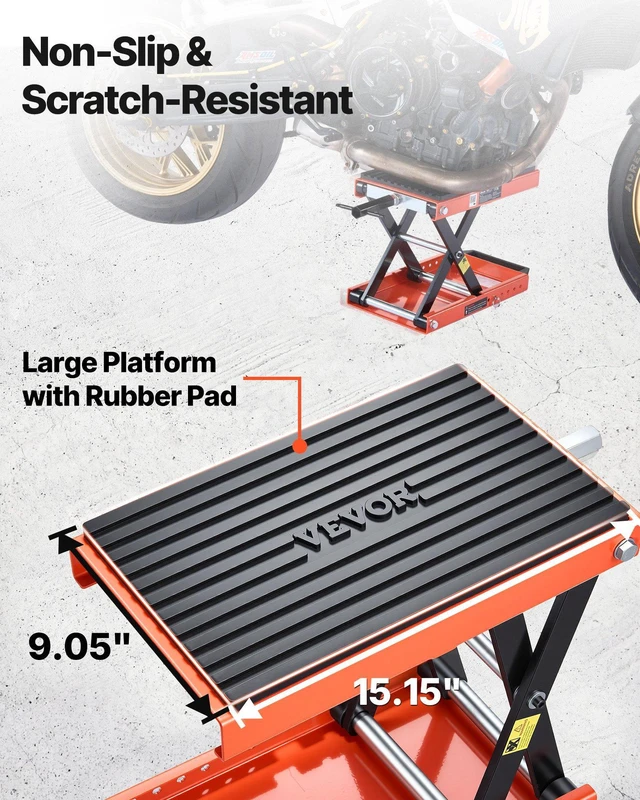 Alt view image 6 of 8 - VEVOR Motorcycle Lift, 1500 lbs Motorcycle Scissor Lift Jack with Wide Deck & Lock Pin, 4.13"-13.77" Center Hoist Crank Stand, Steel Scissor Jack for Street Bikes, Cruiser Bikes, Touring Motorcycles